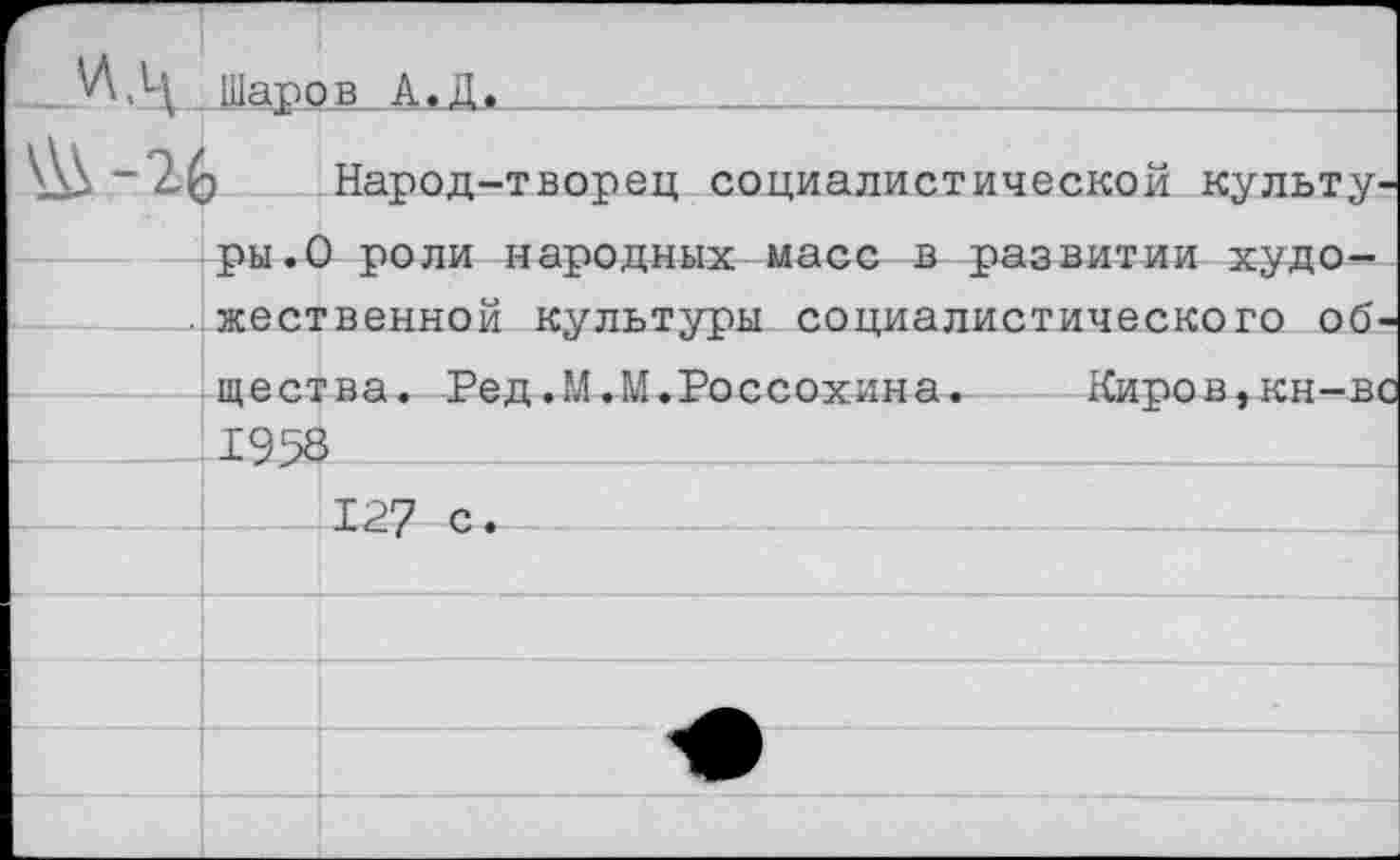 ﻿Шаров Д,Д.________________
-2() Народ-творец социалистической культуры.О роли народных масс в развитии художественной культуры социалистического общества. Ред.М.М.Россохина. Киров,кн-вс 1958
127 с.